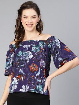Oxolloxo - Women Floral Digital Print Off - Shoulder Polyester Top