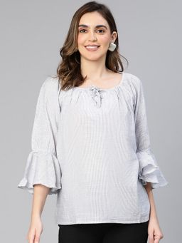 Oxolloxo - Women Stylish Blue Stripe Bell Sleeved Cotton Top