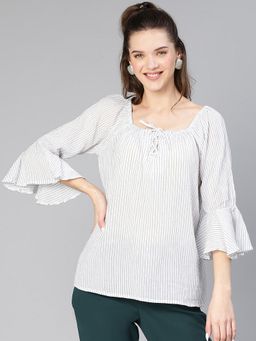 Oxolloxo - Women White And Blue Stripe Bell Sleeved Cotton Top