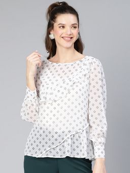 Oxolloxo - Women White Printed Ruffled Polyester Top