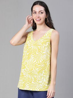 Oxolloxo - Women Floral Print Yellow Sleeveless Round Neck Top