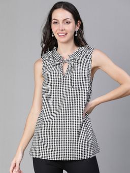 Oxolloxo - Women Check Print Black Sleeveless Tie Neck Cotton Top