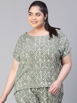 Oxolloxo - Women Floral Print Green Round Neck Short Sleeve Plus Size Top
