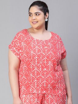 Oxolloxo - Women Floral Print Red Round Neck Short Sleeve Plus Size Top