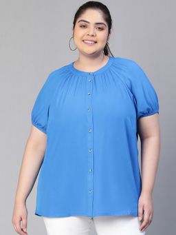 Oxolloxo - Women Blue Round Neck Short Sleeve Plus Size Shirt Top