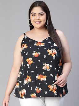 Oxolloxo - Women Floral Print Black Shoulder Strap Round Neck Plus Size Top