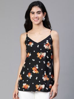 Oxolloxo - Women Floral Print Black Shoulder Strap Round Neck Top