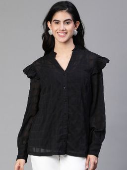 Oxolloxo - Women Black Ruffled V-Neck Long Sleeve Shirt Top