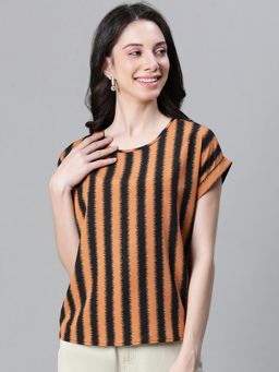 Oxolloxo - Iconic Brown Stripe Print Women Casual Top