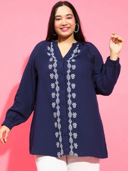 Oxolloxo - Women Plus Size Navy Blue Embroidered V- Neck Long Sleeve Button Down Cotton Tunic