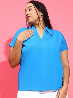 Oxolloxo - Women Plus Size Blue V-Neck Short Sleeve Casual Top