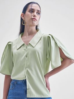 TOKYO TALKIES - Women Green Solid Chelsea Collared Tulip Sleeve Top
