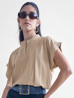 TOKYO TALKIES - Women Beige Solid Pleated Top