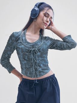 TOKYO TALKIES - Women Black Grey Printed With Cut Outs Crop Top