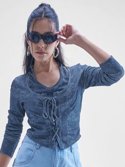 TOKYO TALKIES - Women Blue Grey Printed With Cut Outs Crop Top