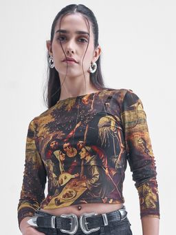 TOKYO TALKIES - Women Multicolour Crew Neck Printed Full Sleeve Mesh Crop Top