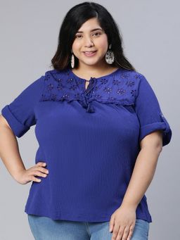 Oxolloxo - Famed Blue Embroidered Women Plus Size Top