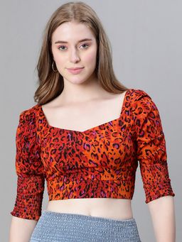 Oxolloxo - Women Multicolour Animal Print Broad Neck Crop Top