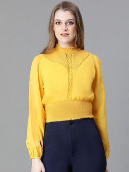 Oxolloxo - Women Yellow High Neck Long Sleeve Smocked Crop Top