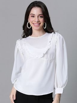 Oxolloxo - Women Solid Ivory Round Neck Long Sleeve Ruffle Top