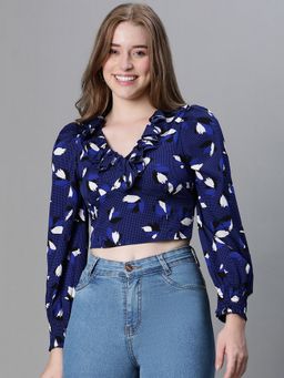 Oxolloxo - Women Blue Floral Print Ruffled Long Sleeve Crop Top