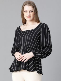 Oxolloxo - Women Black Stripe Print Square Neck Long Sleeve Flare Top