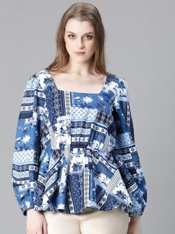 Oxolloxo - Women Blue Floral Print Square Neck Long Sleeve Flare Cotton Top