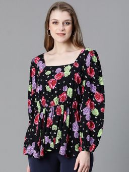 Oxolloxo - Women Black Floral Print Square Neck Long Sleeve Flare Top