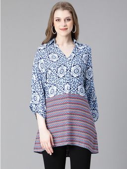 Oxolloxo - Women Blue Floral Print Collar Neck Long Sleeve Long Tunic