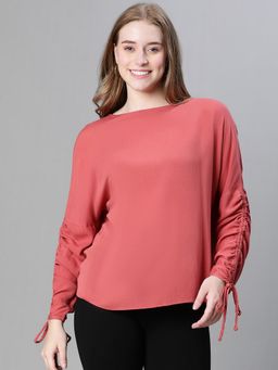 Oxolloxo - Women Solid Rust Colour Boat Neck Long Sleeve Top