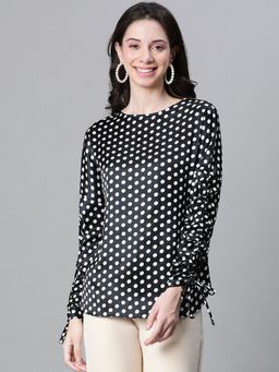 Oxolloxo - Women Black Polka Print Round Neck Long Sleeve Top