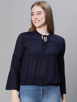 Oxolloxo - Women Blue Tie-Up Detailed Long Bell Sleeve Top