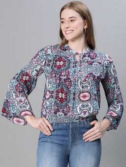 Oxolloxo - Women Multicolour Floral Print Tie-Up Detailed Long Bell Sleeve Top