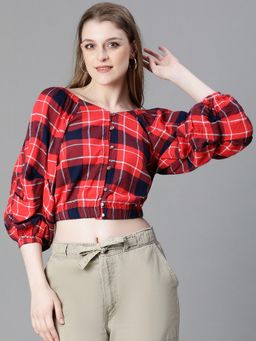 Oxolloxo - Women Red Checkered V Neck Long Sleeve Cotton Top