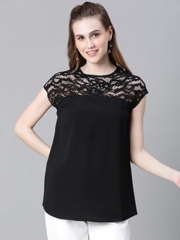 Oxolloxo - Women Solid Black Round Neck Cap Sleeve Net Detailed Top