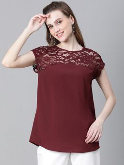 Oxolloxo - Women Solid Maroon Round Neck Cap Sleeve Net Detailed Top