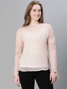 Oxolloxo - Women Beige Dobby Mashed Boat Neck With Tie-Up Detailed Long Sleeve Top