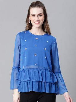 Oxolloxo - Women Blue Embroidered Round Neck Frill Style Long Sleeve Top