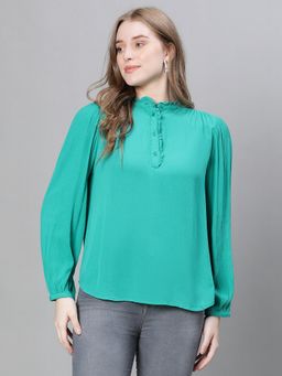 Oxolloxo - Women Solid Green Mandarin Collar Buttoned Long Sleeve Top