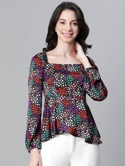Oxolloxo - Women Animal Print Multicolour Square Neck Elasticated Long Sleeve Top
