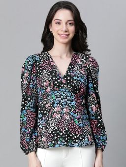 Oxolloxo - Women Floral Print Multicolour V-Neck Elasticated Long Sleeve Top
