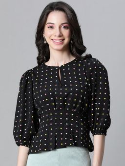 Oxolloxo - Women Black Polka Dot Print Three Fourth Sleeve Pleated Women Top