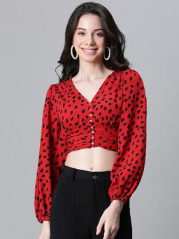 Oxolloxo - Women Red V- Neck Long Sleeve Buttoned Animal Print Tie-Knotted Crop Top