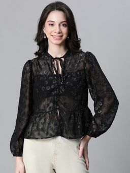 Oxolloxo - Women Black Lurex Print With Tie-Knot Long Sleeve Top