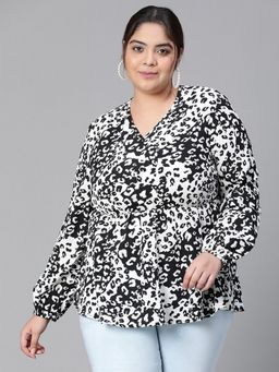 Oxolloxo - Women Plus Size Black Animal Print Long Sleeve V-Neck Elasticated Peplum Top