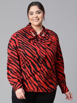 Oxolloxo - Women Plus Size Red Animal Print Tie-Knot Long Sleeve Top