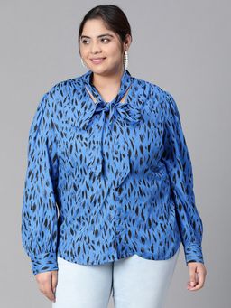 Oxolloxo - Women Plus Size Blue Animal Print Tie-Knot Long Sleeve Top