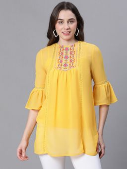 Oxolloxo - Women Yellow Round Neck Embroidered Tie-Up Detailed Bell Sleeve Tunic With Cami Top (S)