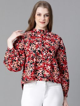 Oxolloxo - Women Red Floral Print Buttoned Mandarin Neck Long Sleeve Cotton Top