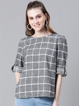 Oxolloxo - Women Grey Check Print Round Neck Long Sleeve Cotton Top